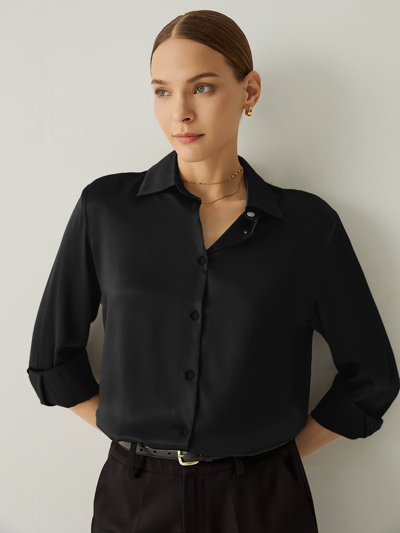 Aurise™ | 100% Silk Spread Collar Long Sleeves Blouse