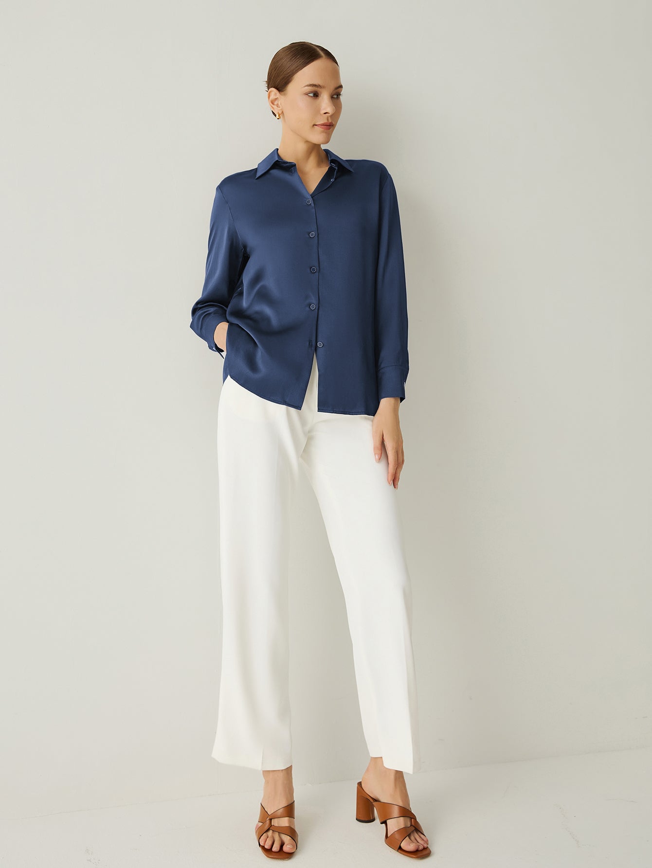 Aurise™ | 100% Silk Spread Collar Long Sleeves Blouse