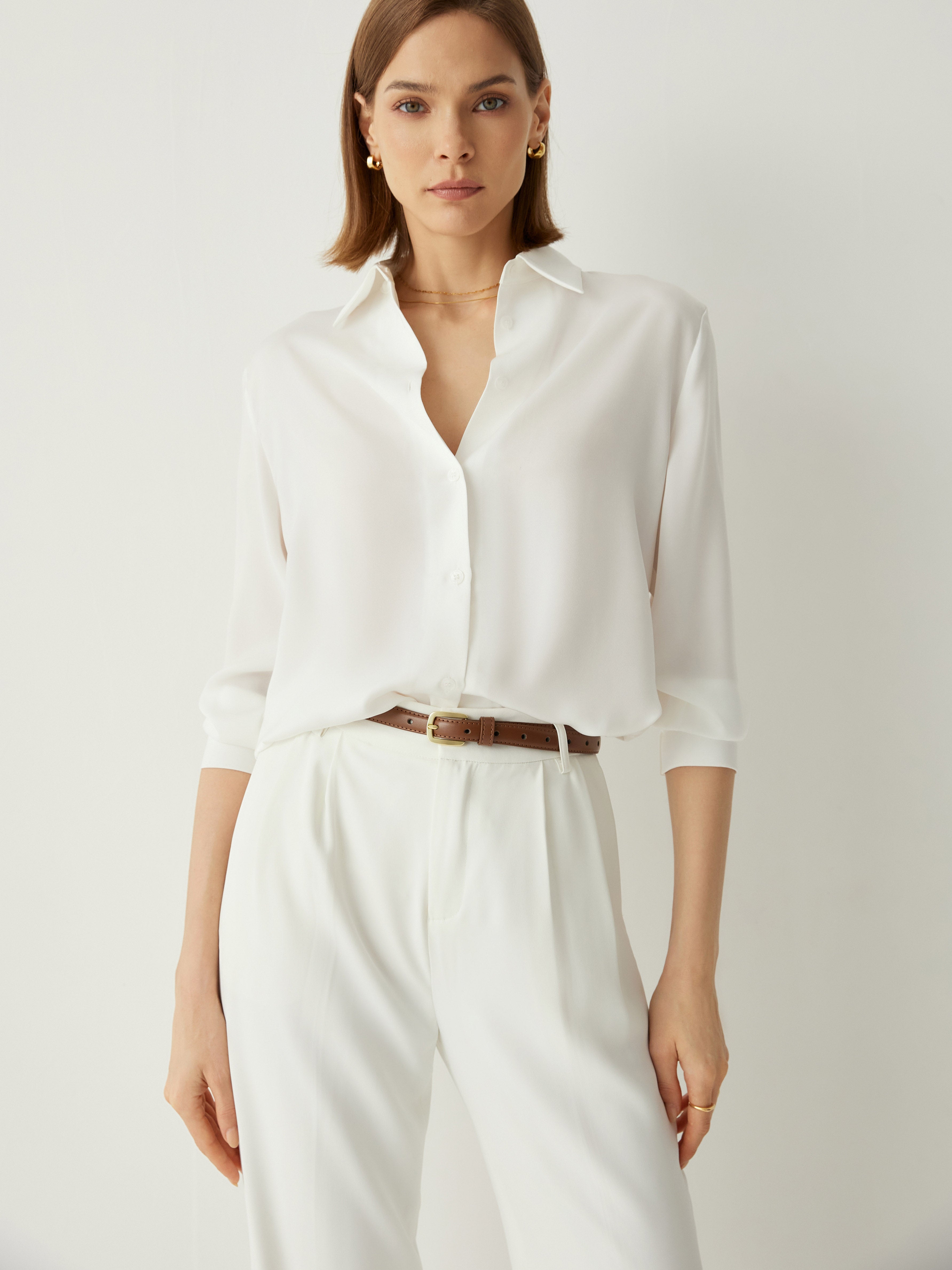 Aurise™ | 100% Silk Spread Collar Long Sleeves Blouse