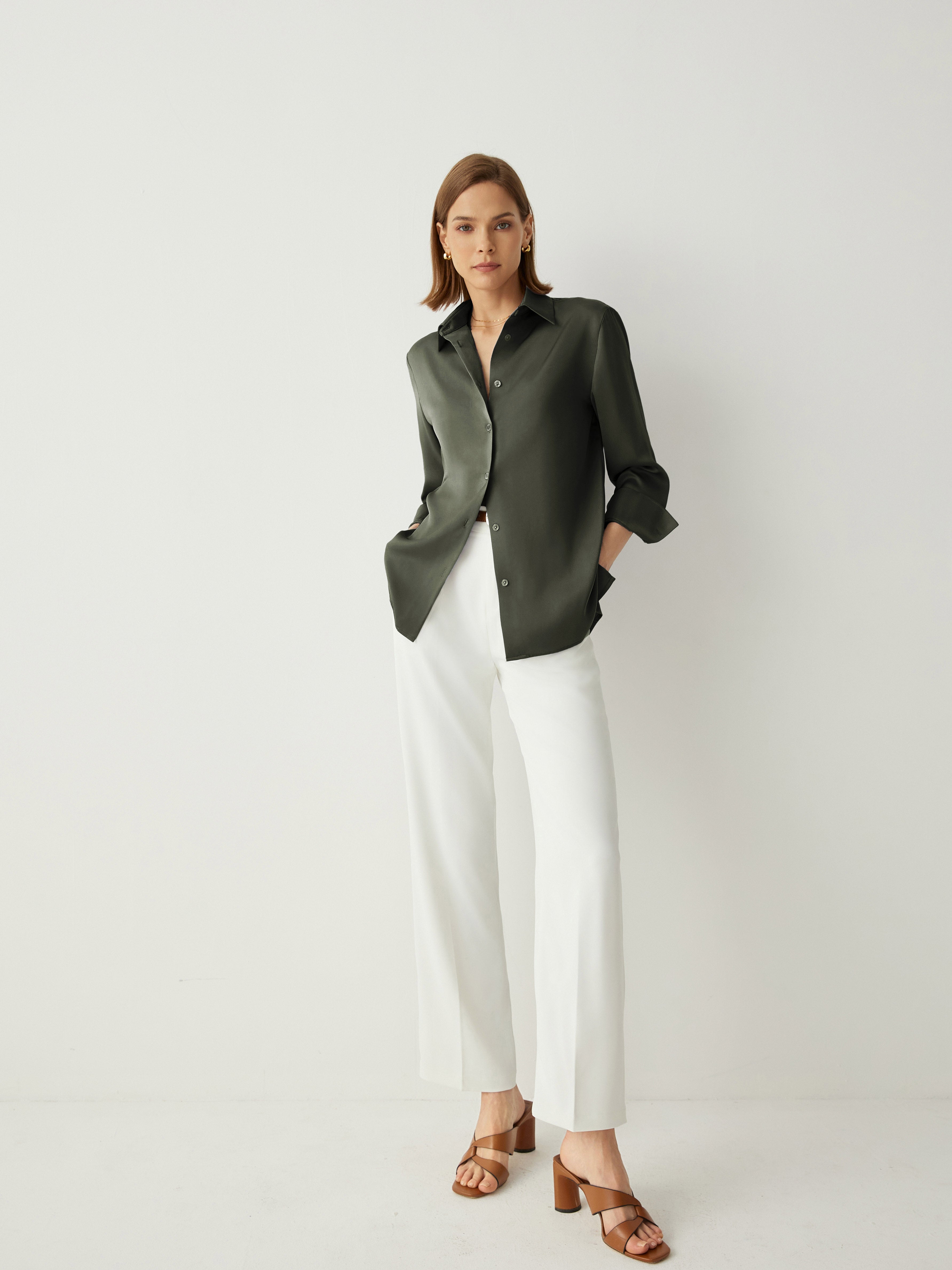 Aurise™ | 100% Silk Spread Collar Long Sleeves Blouse