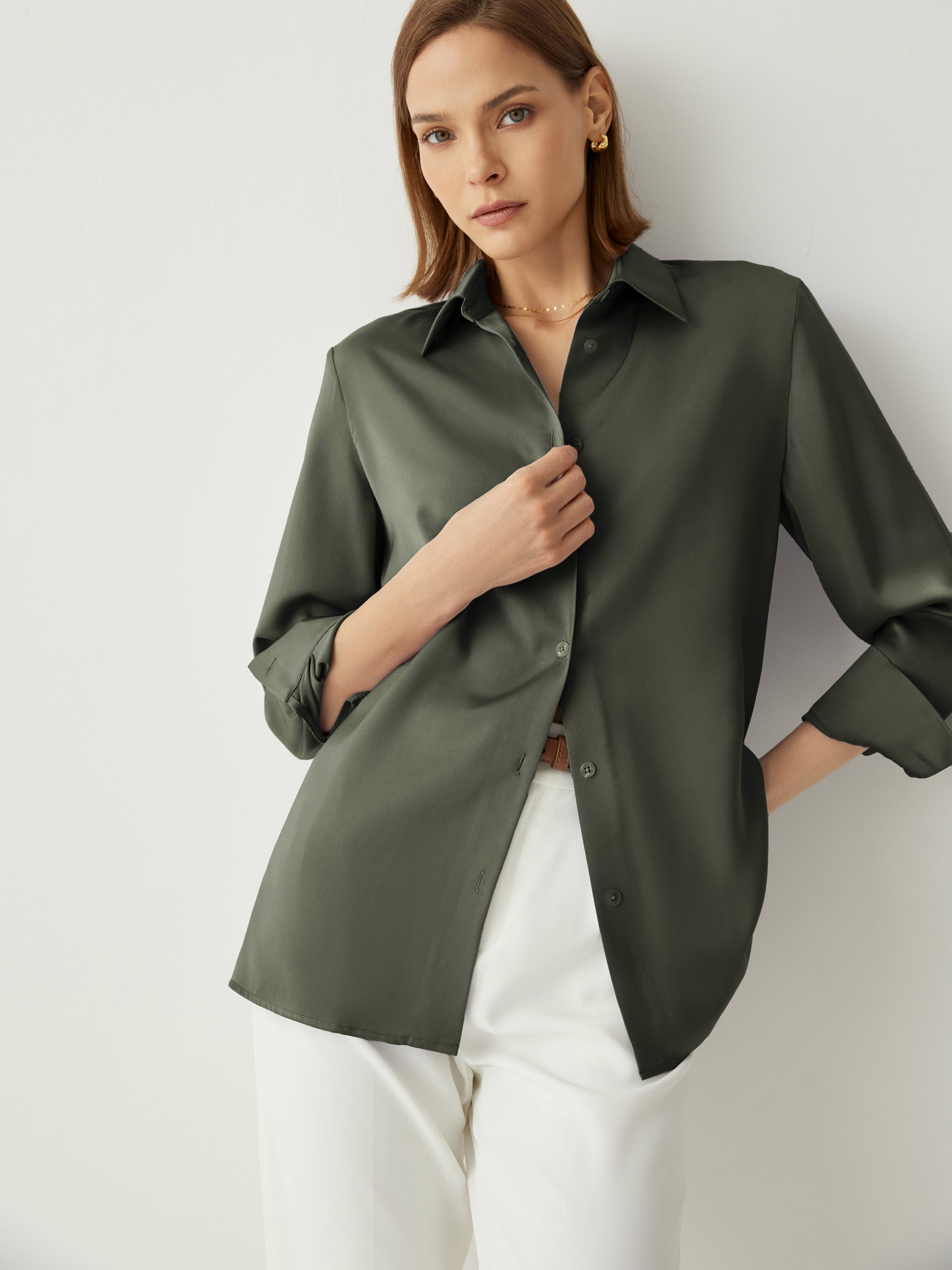 Aurise™ | 100% Silk Spread Collar Long Sleeves Blouse
