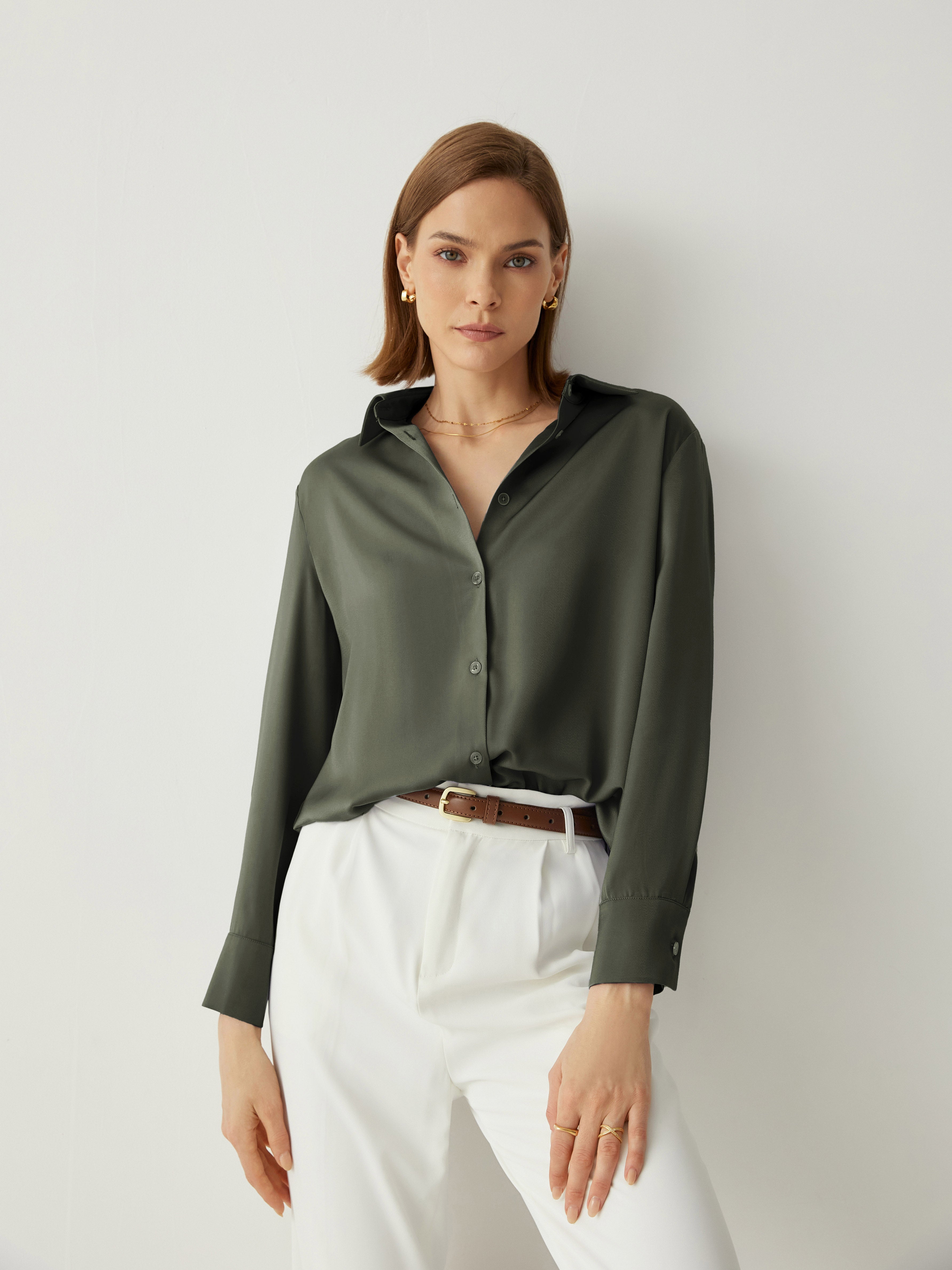Aurise™ | 100% Silk Spread Collar Long Sleeves Blouse