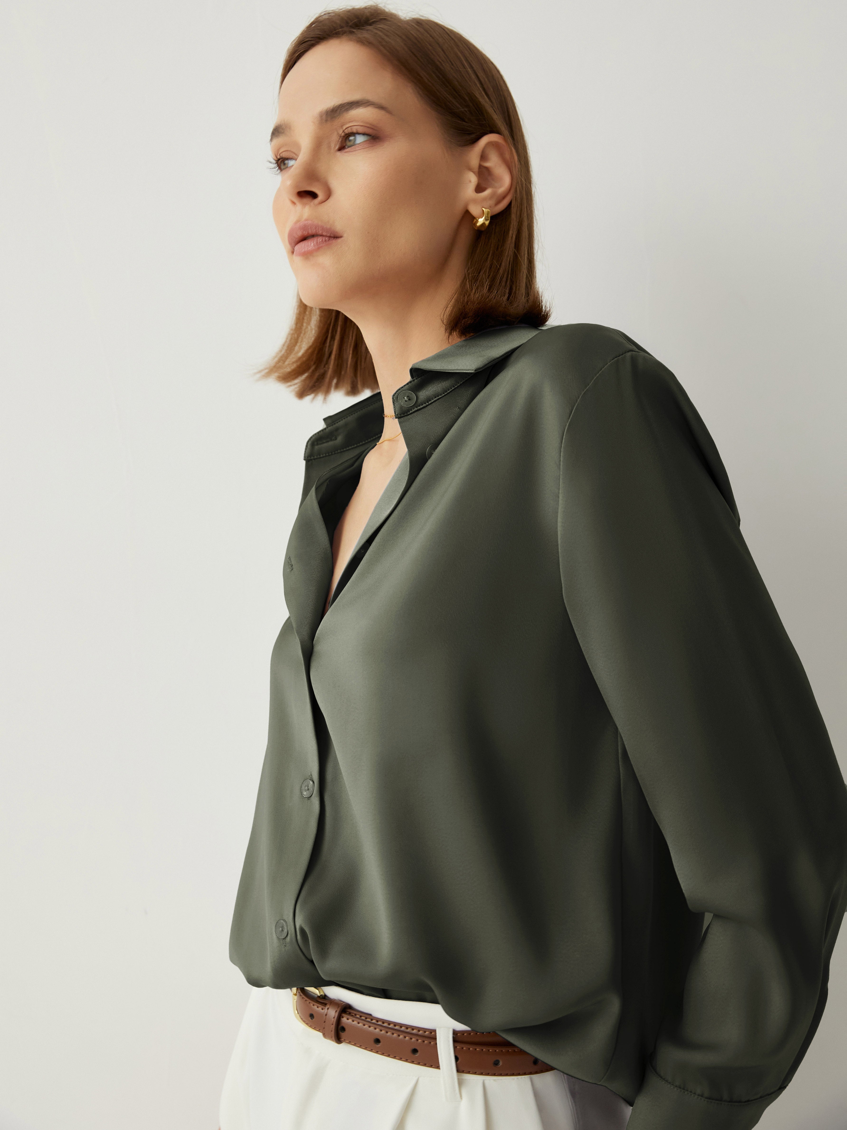 Aurise™ | 100% Silk Spread Collar Long Sleeves Blouse