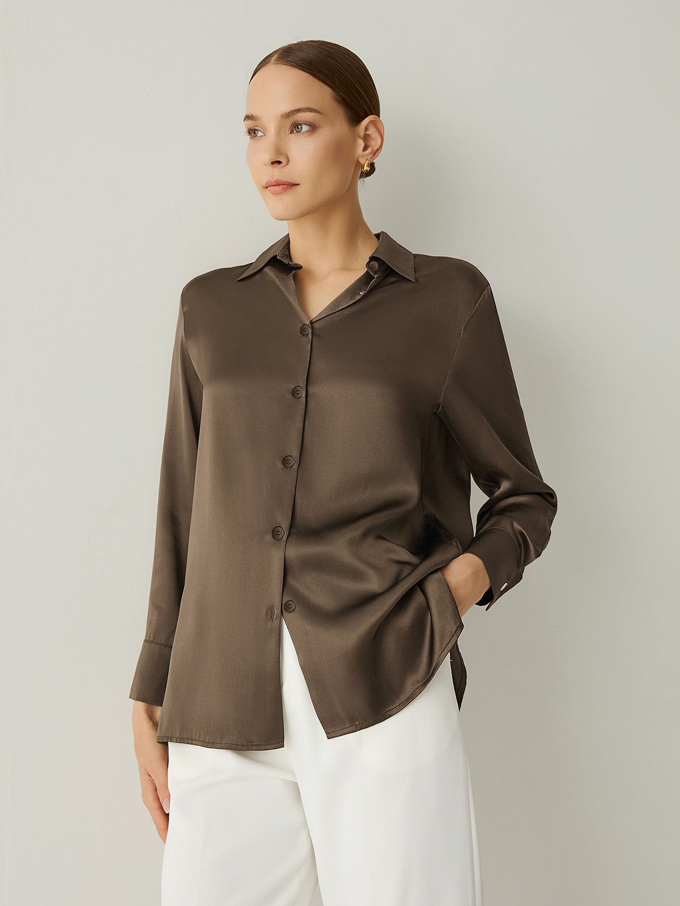 Aurise™ | 100% Silk Spread Collar Long Sleeves Blouse