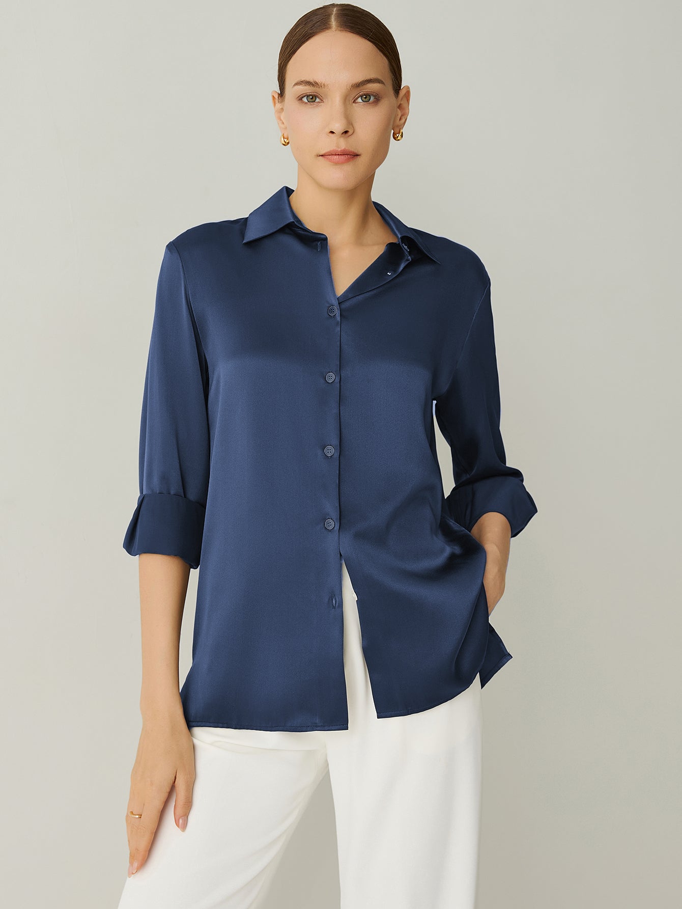 Aurise™ | 100% Silk Spread Collar Long Sleeves Blouse