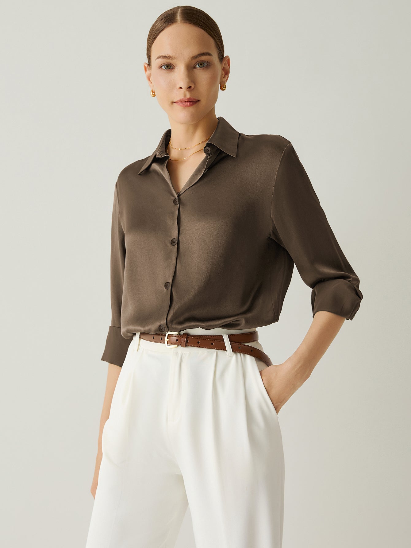 Aurise™ | 100% Silk Spread Collar Long Sleeves Blouse