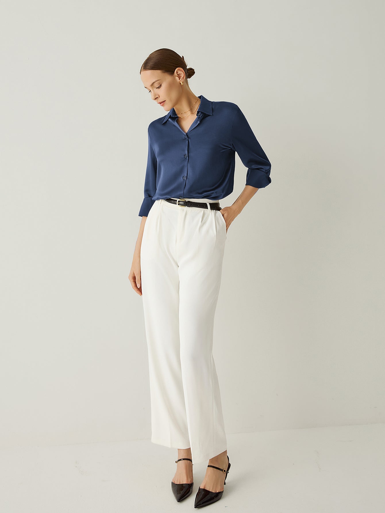 Aurise™ | 100% Silk Spread Collar Long Sleeves Blouse