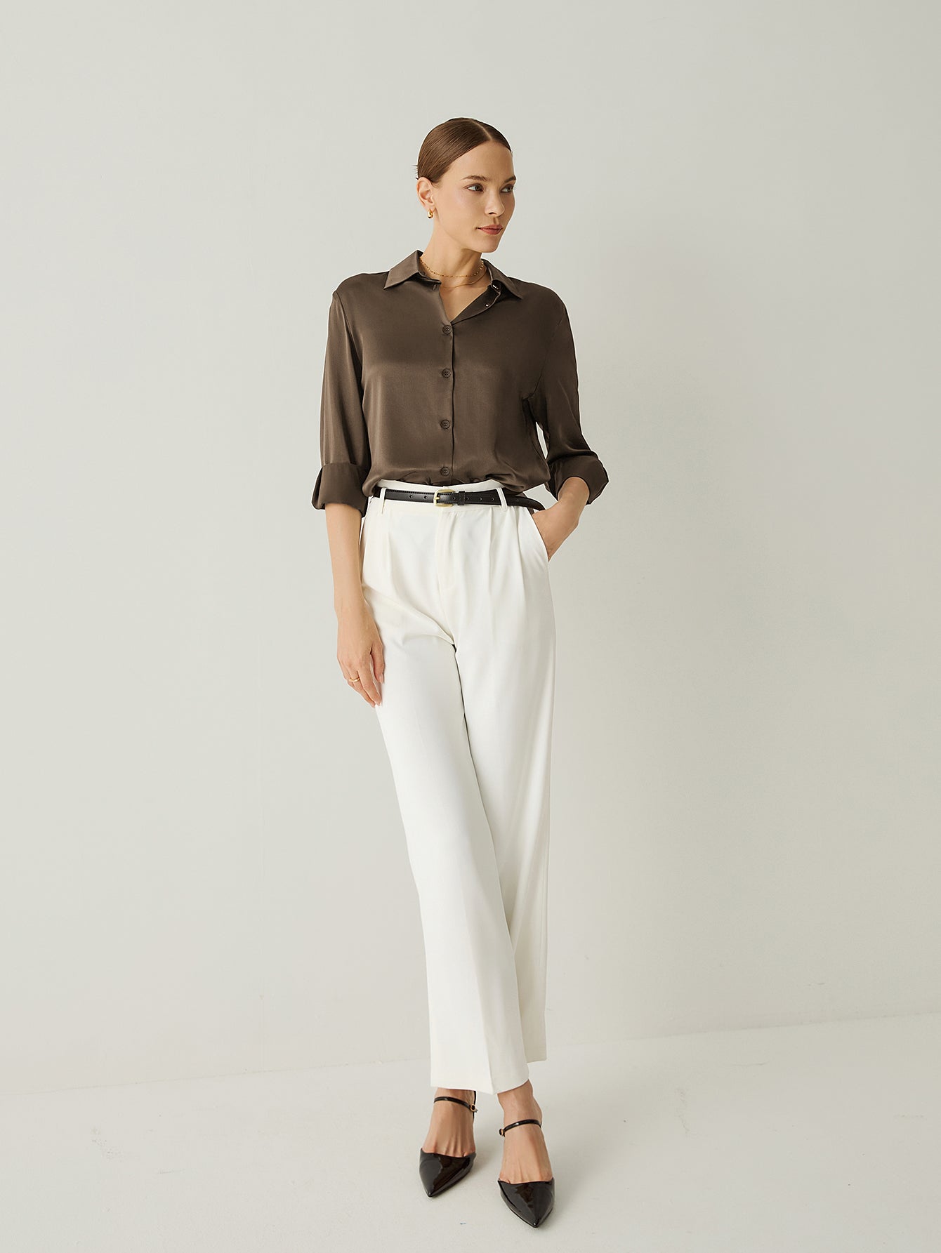 Aurise™ | 100% Silk Spread Collar Long Sleeves Blouse