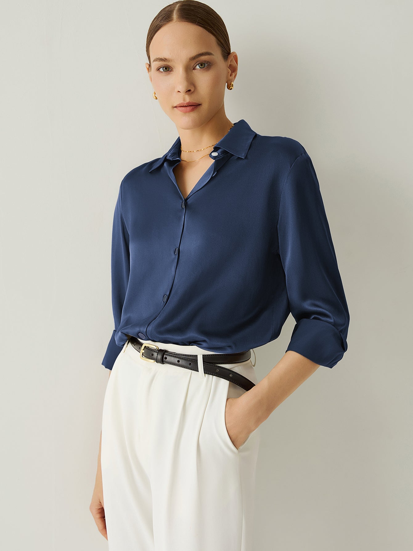 Aurise™ | 100% Silk Spread Collar Long Sleeves Blouse