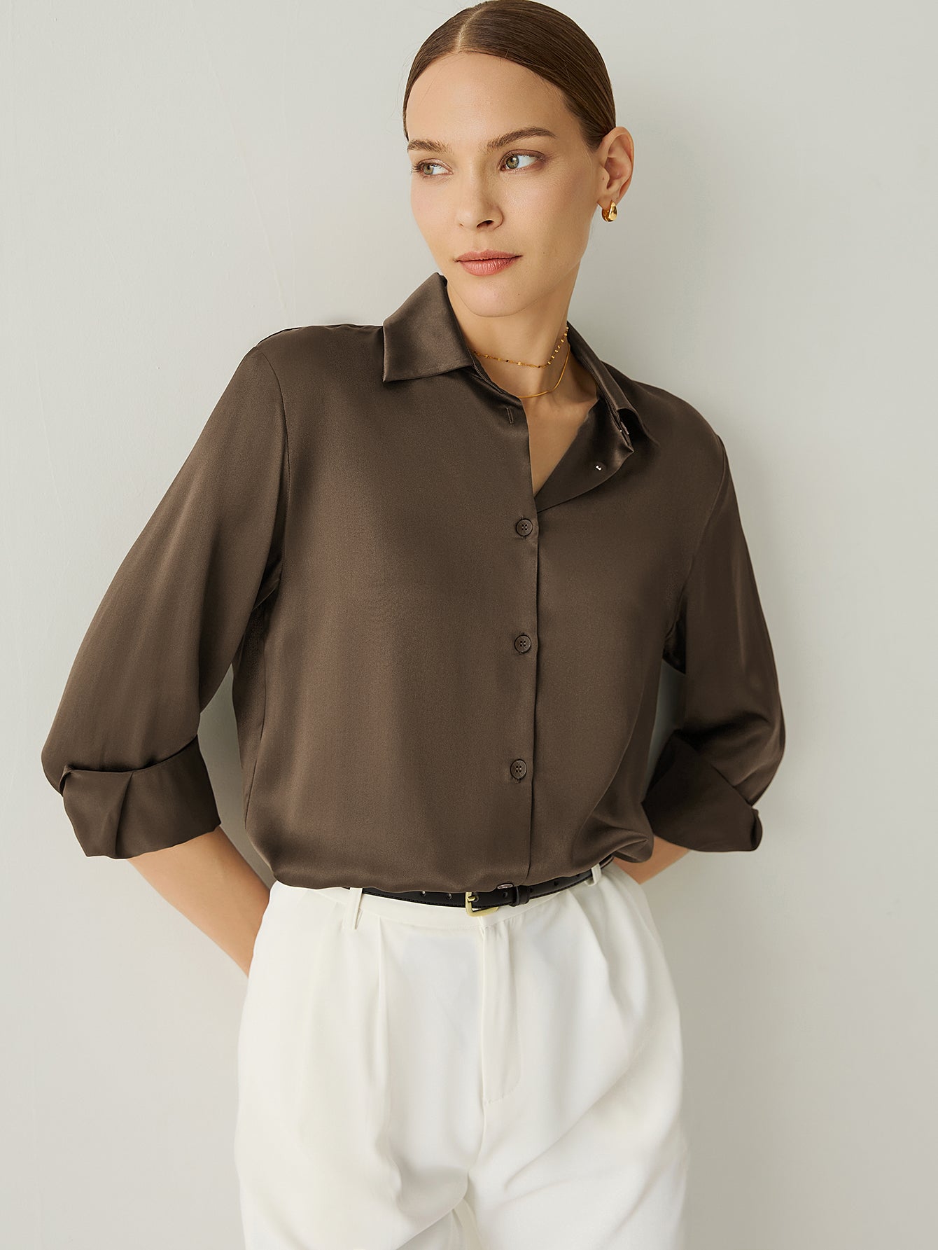 Aurise™ | 100% Silk Spread Collar Long Sleeves Blouse