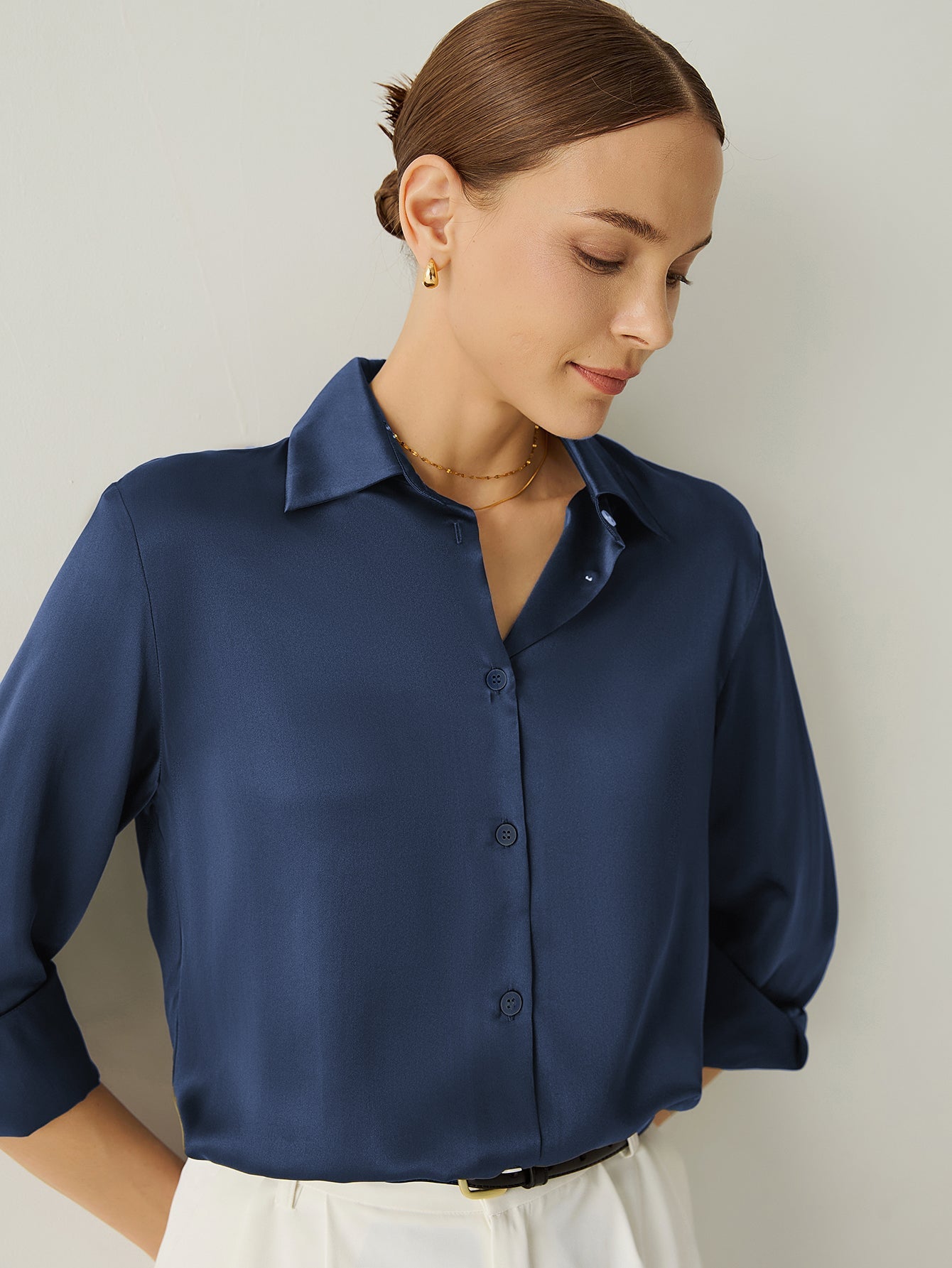 Aurise™ | 100% Silk Spread Collar Long Sleeves Blouse