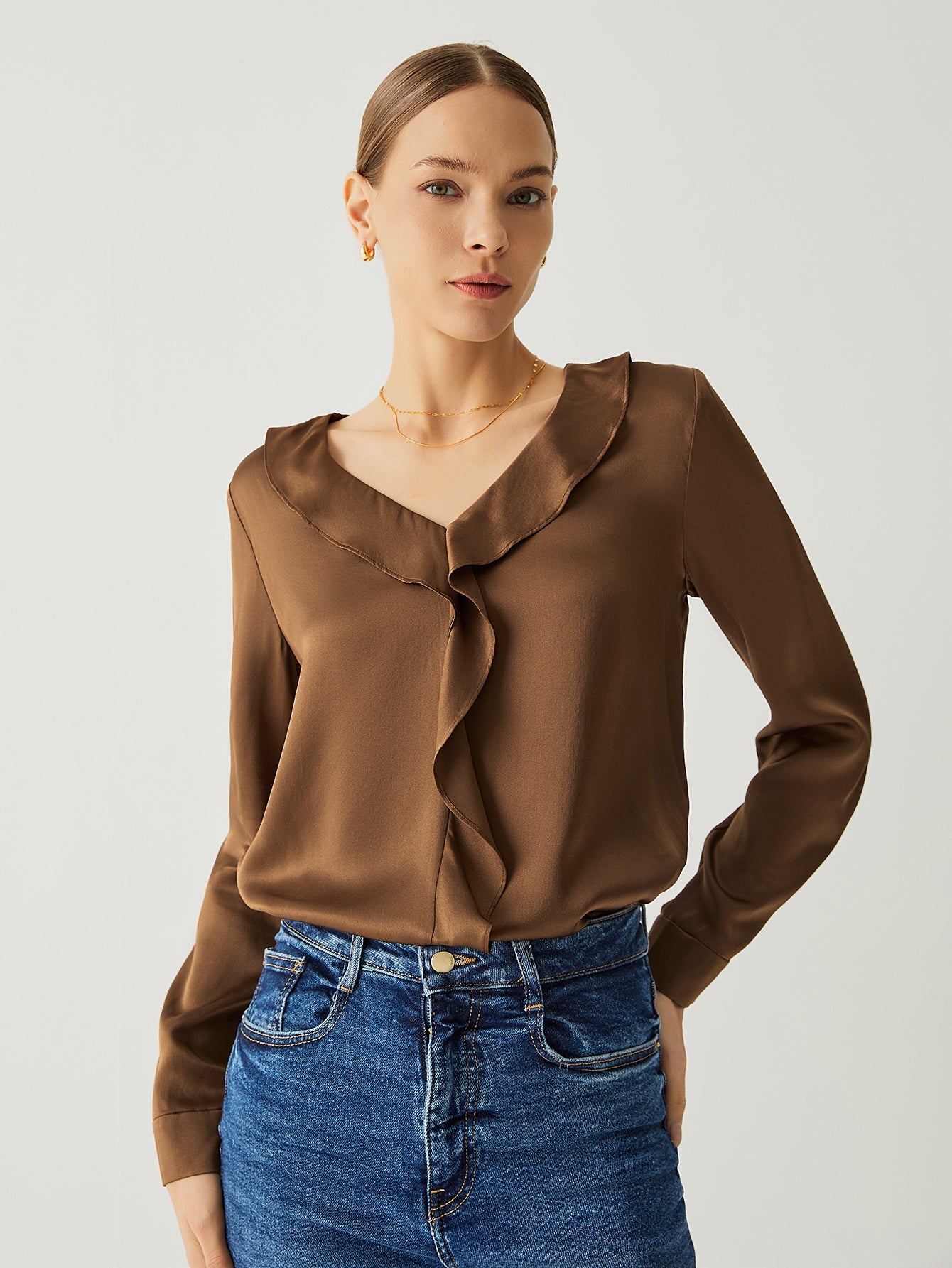 Aurise™ | 100% Silk Ruffle Bishop Sleeves Blouse