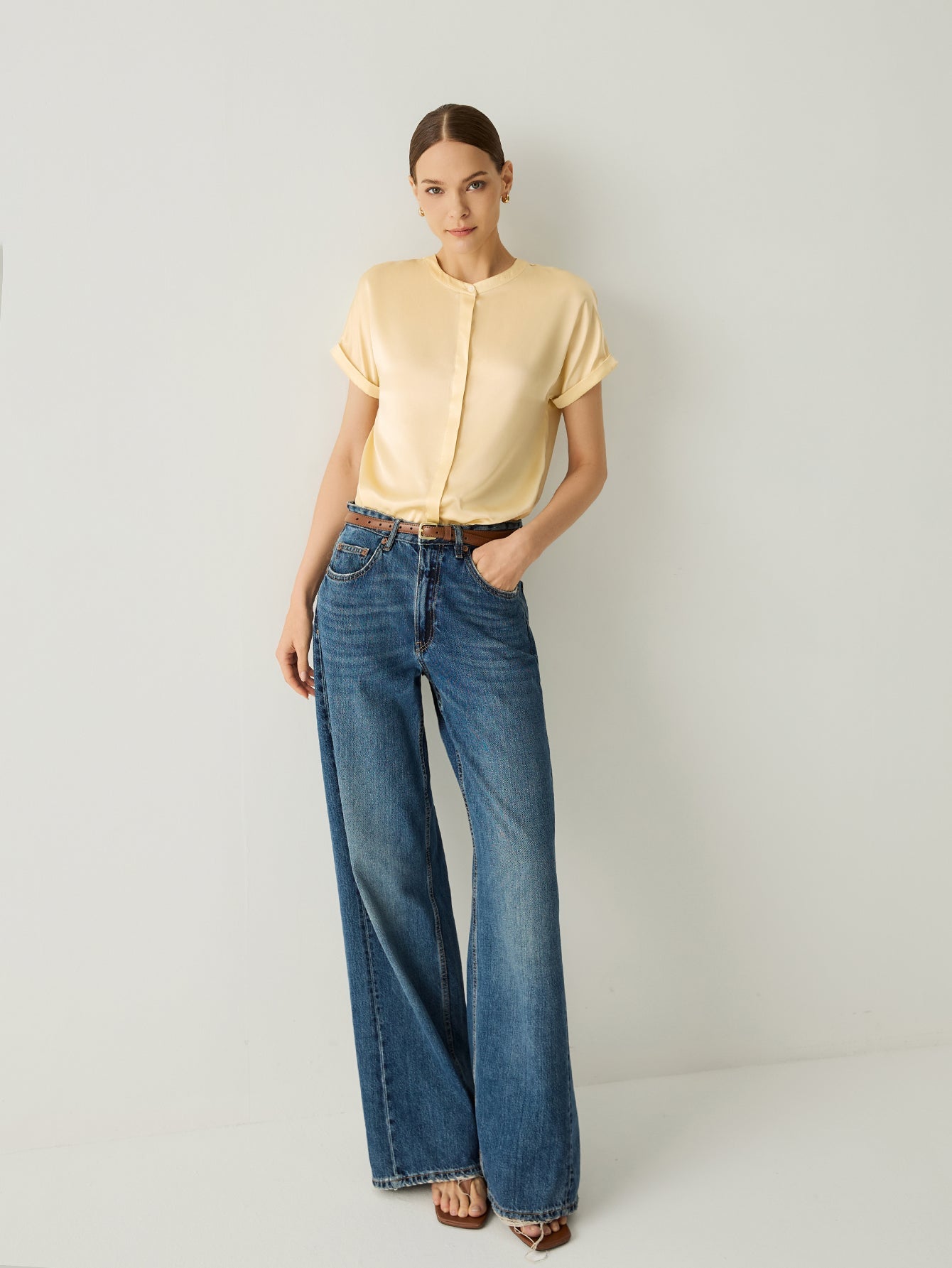 Aurise™ | 100% Silk Roll-Up Cuffs Short Sleeves Blouse
