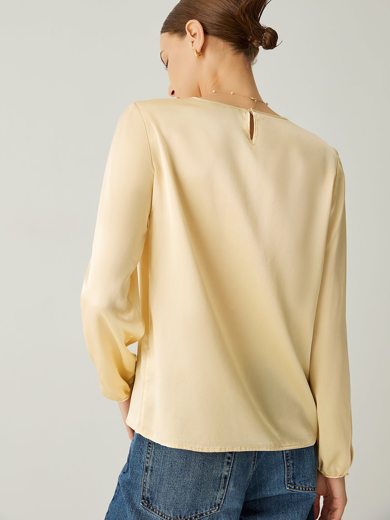 Aurise™ | 100% Silk Pleated Neck Bishop Sleeves Blouse