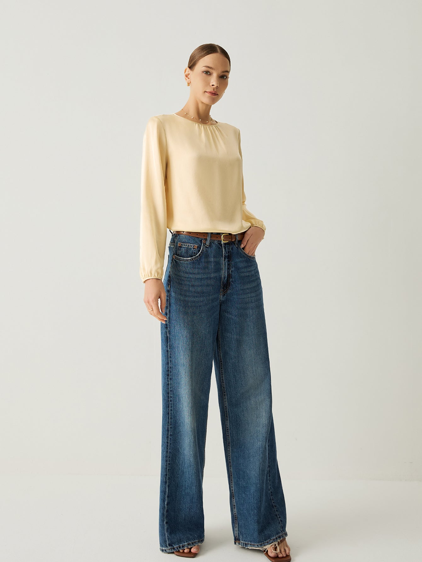 Aurise™ | 100% Silk Pleated Neck Bishop Sleeves Blouse