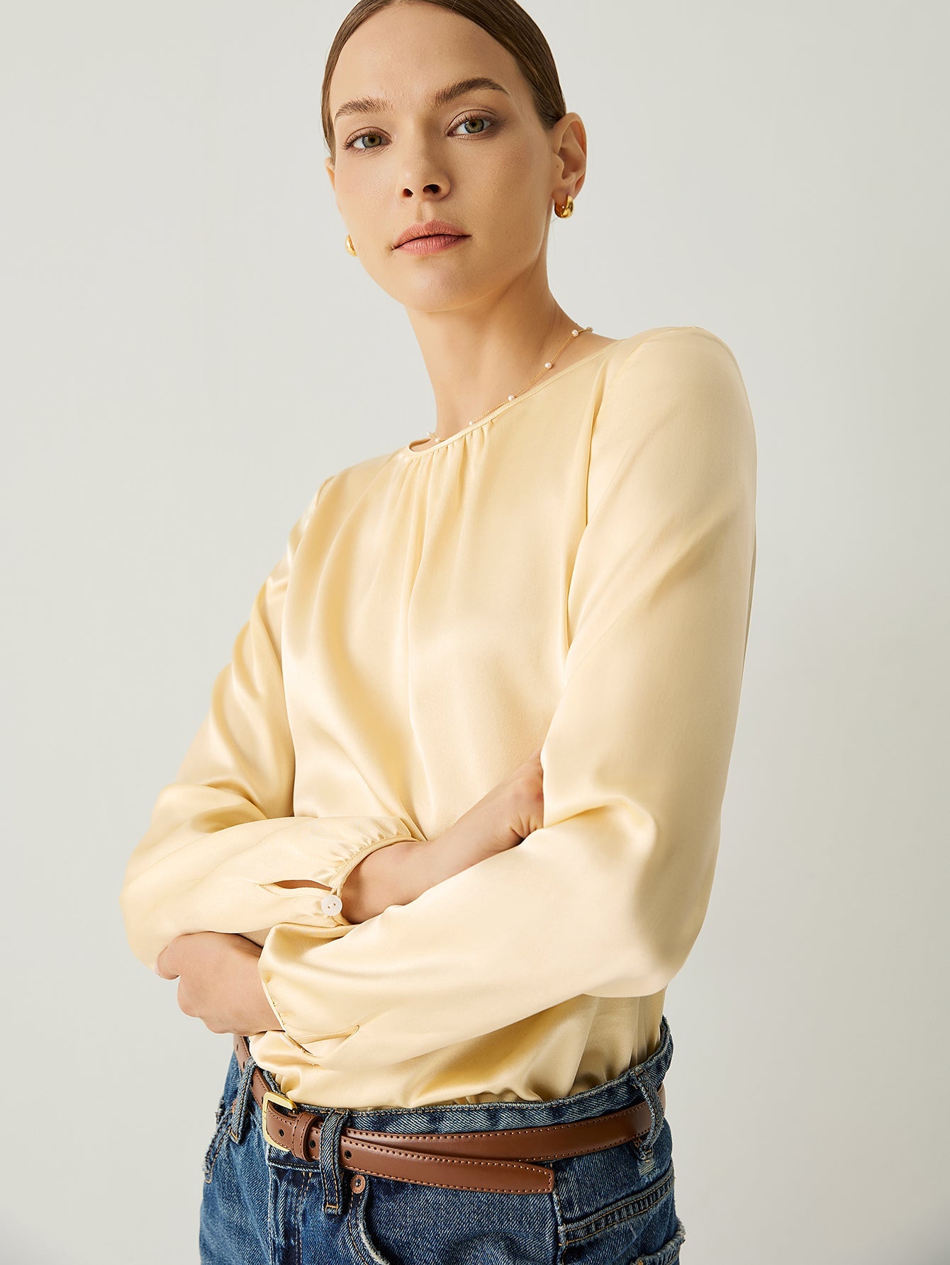 Aurise™ | 100% Silk Pleated Neck Bishop Sleeves Blouse