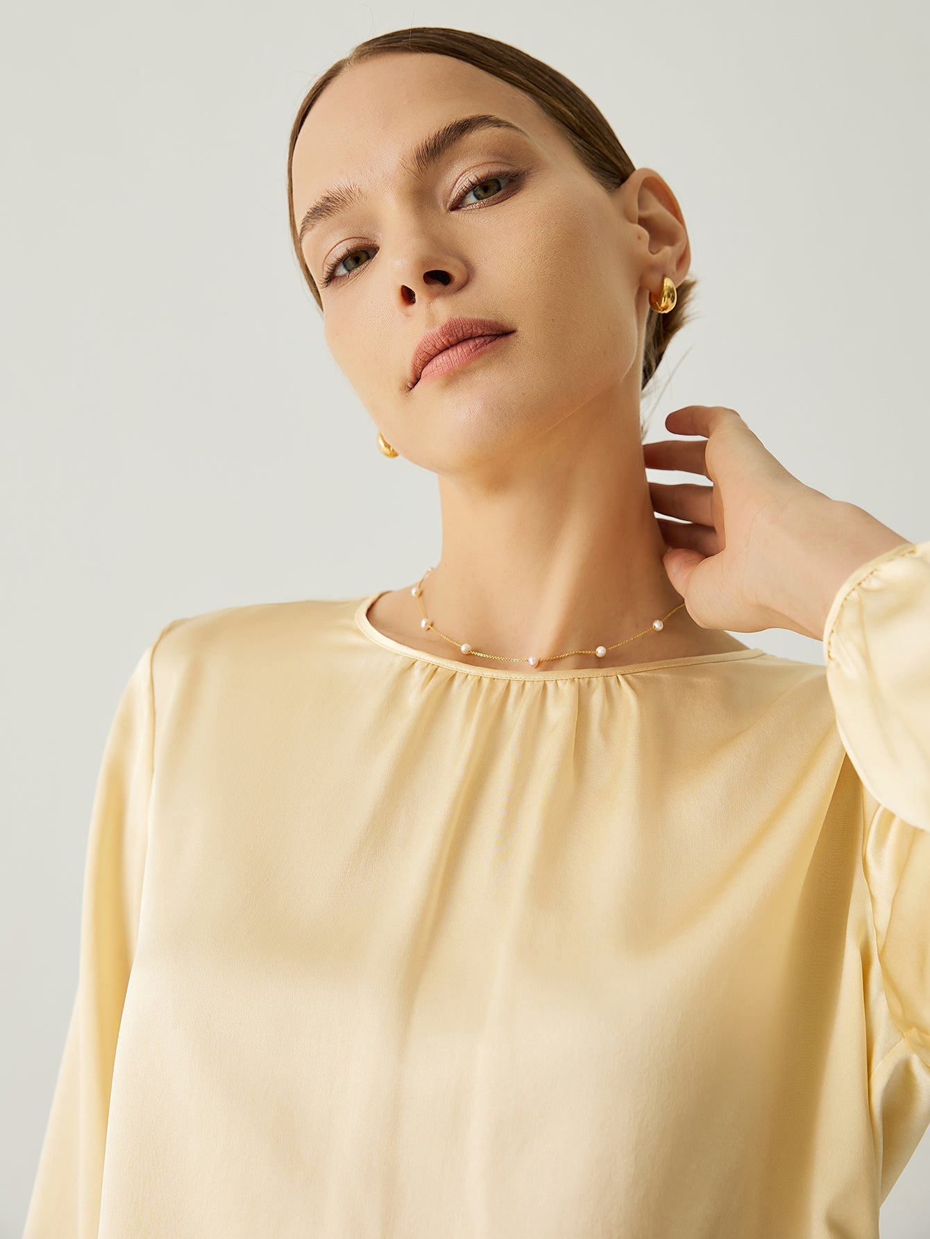 Aurise™ | 100% Silk Pleated Neck Bishop Sleeves Blouse
