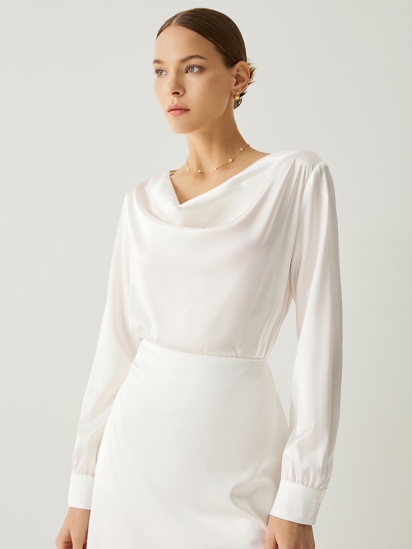 Aurise™ | 100% Silk Cowl Neck Bishop Sleeves Blouse