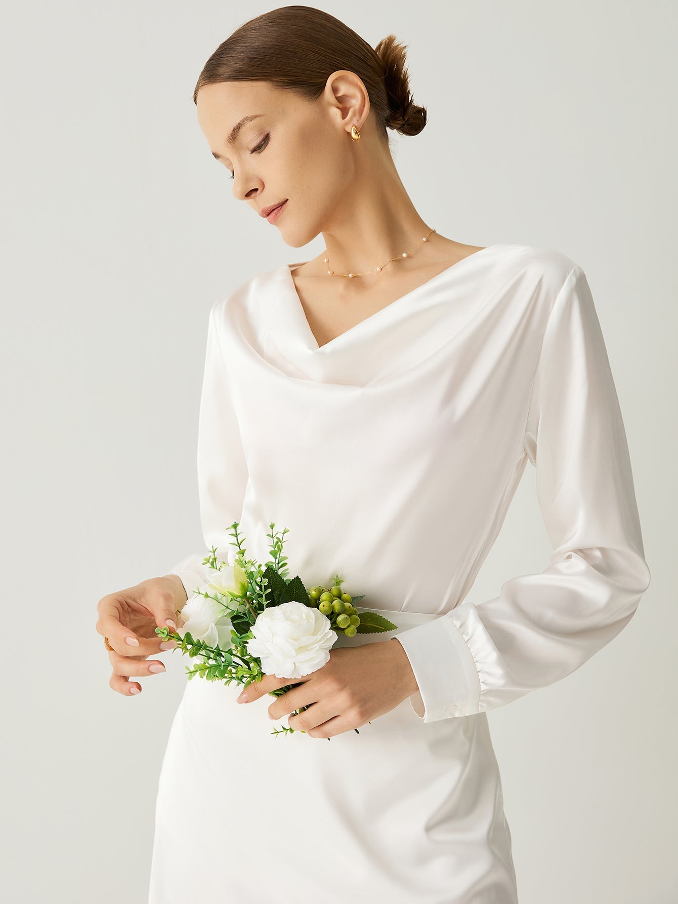 Aurise™ | 100% Silk Cowl Neck Bishop Sleeves Blouse