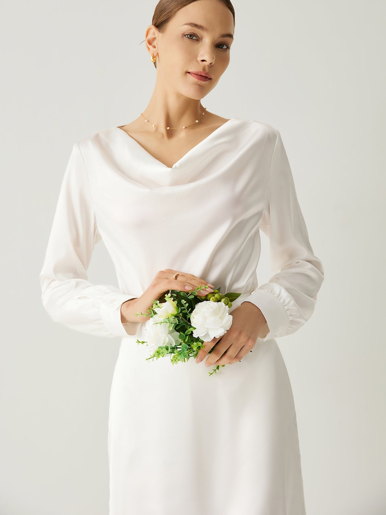 Aurise™ | 100% Silk Cowl Neck Bishop Sleeves Blouse