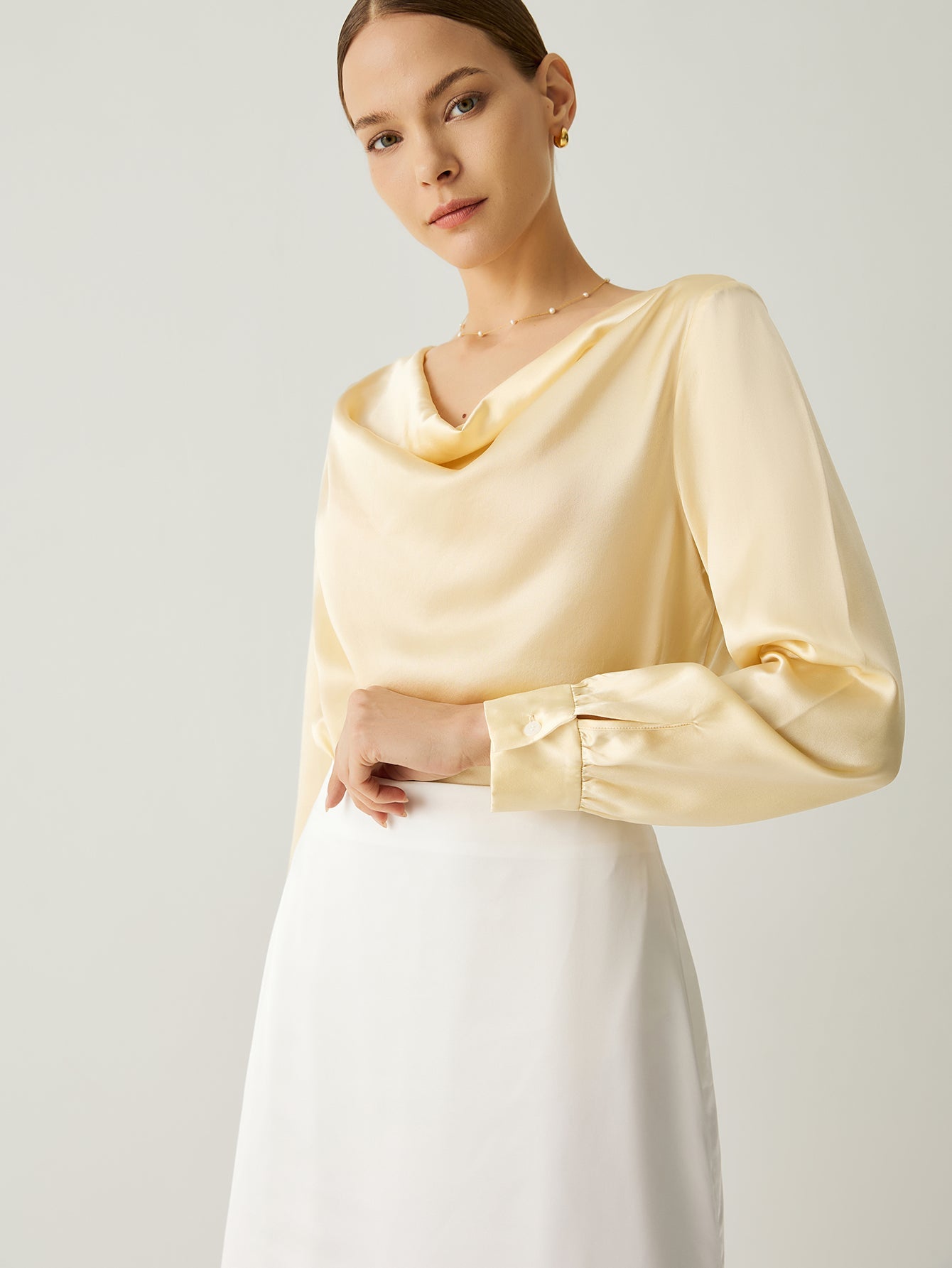 Aurise™ | 100% Silk Cowl Neck Bishop Sleeves Blouse