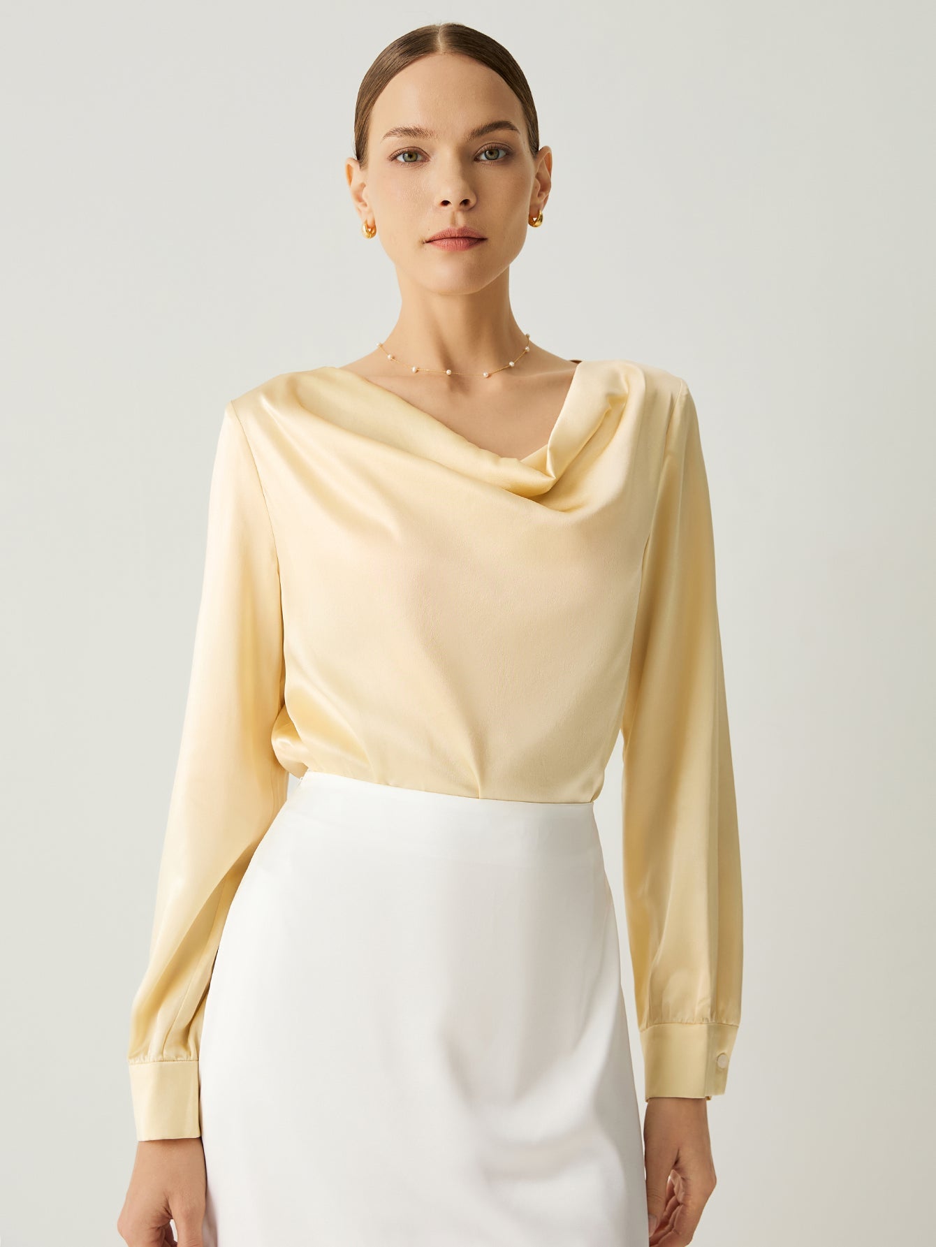 Aurise™ | 100% Silk Cowl Neck Bishop Sleeves Blouse