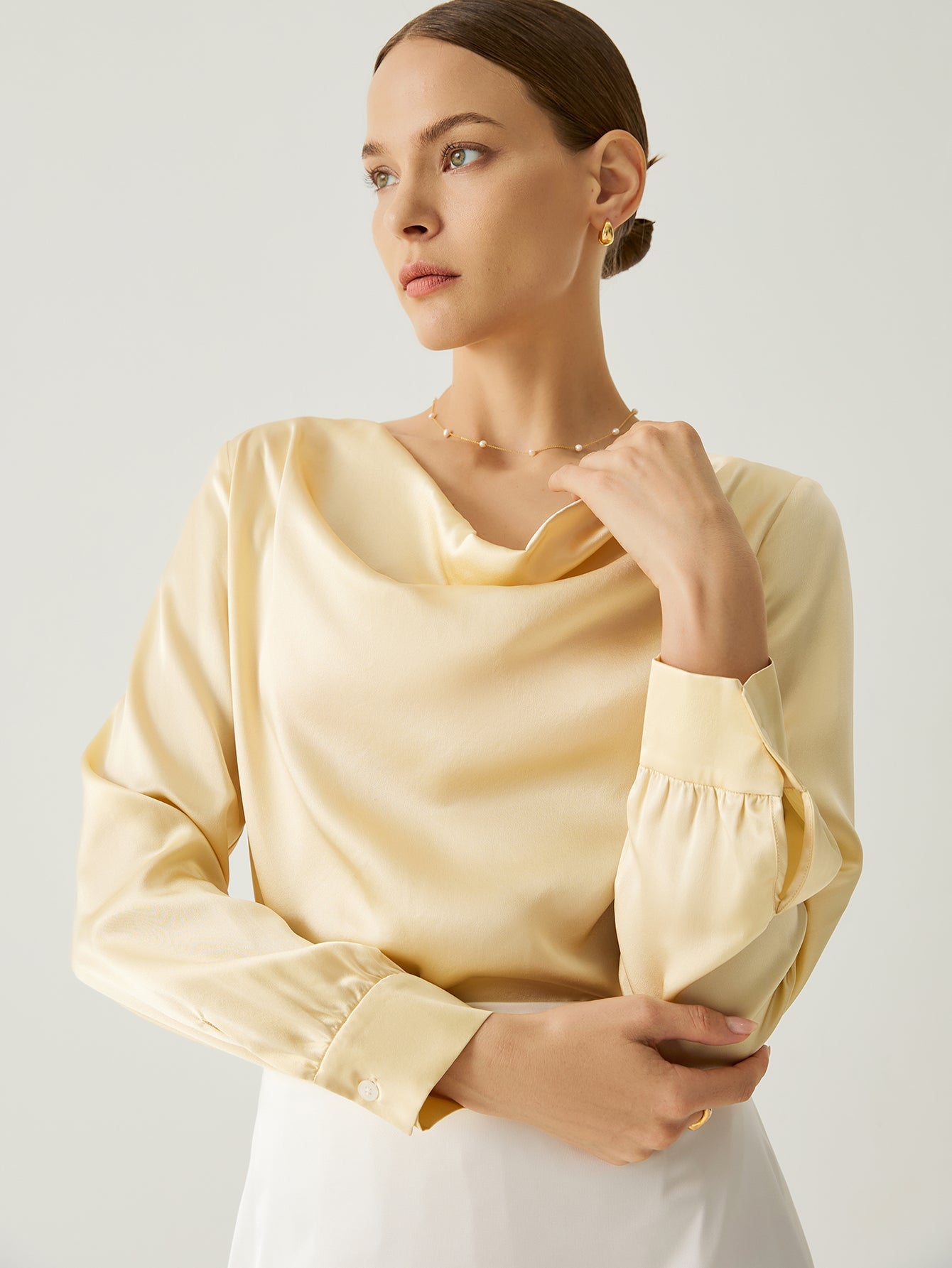 Aurise™ | 100% Silk Cowl Neck Bishop Sleeves Blouse