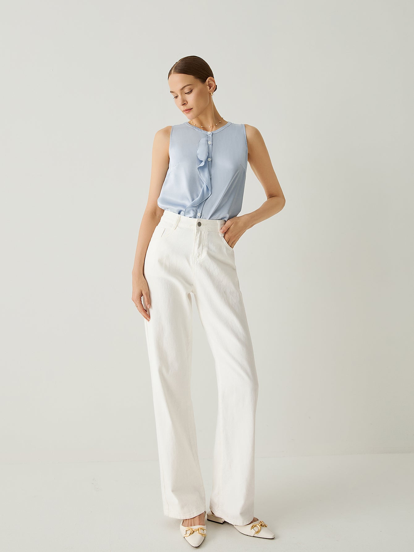 Aurise™ | 100% Silk Ruffle Deco Round Neck Sleeveless Blouse