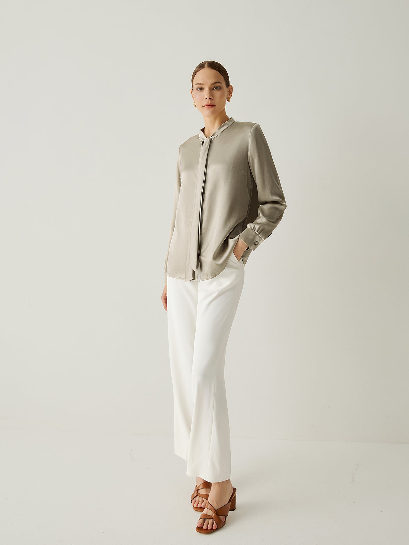 Aurise™ | 100% Silk Tie Neck Bishop Sleeves Blouse