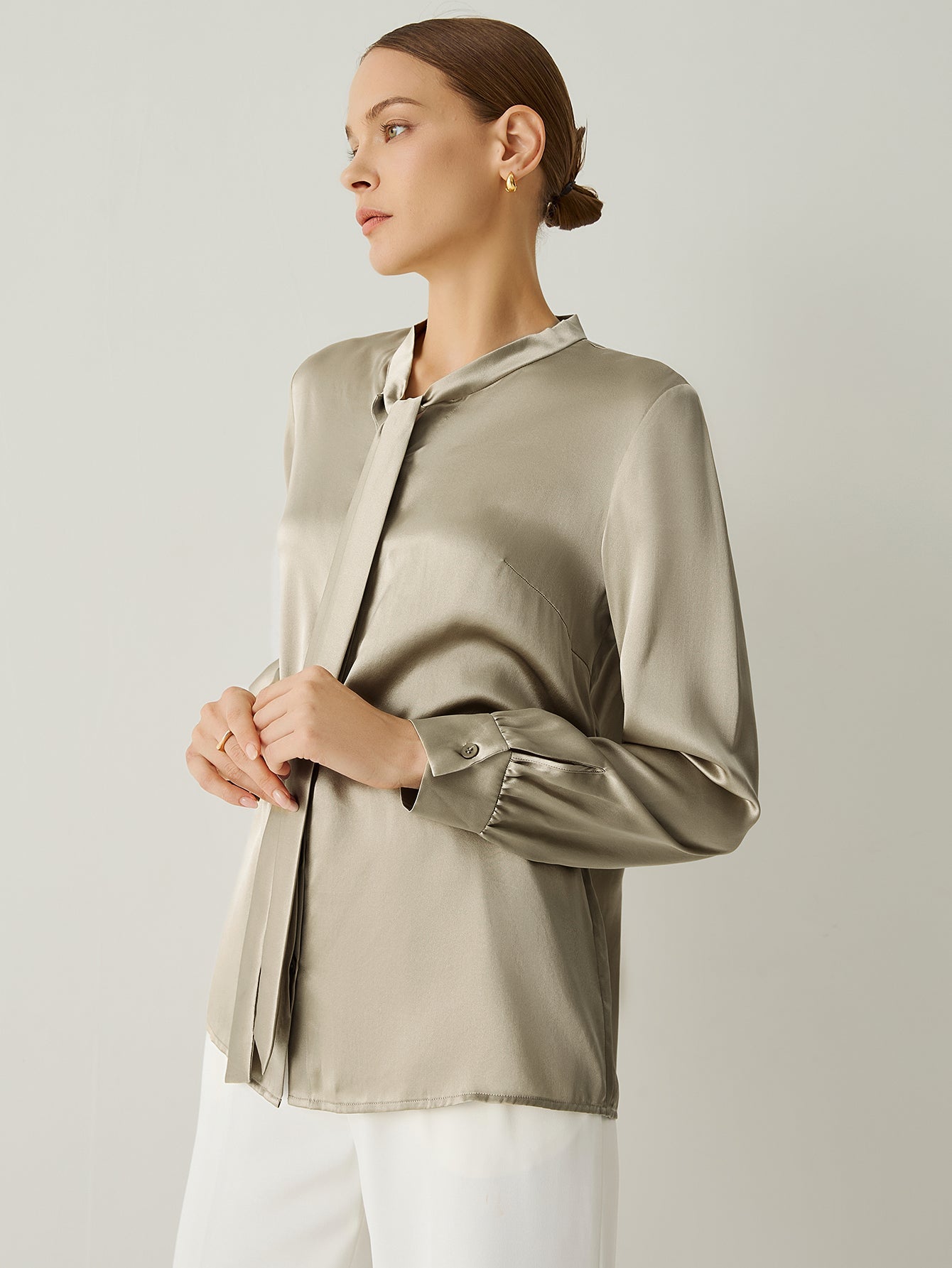 Aurise™ | 100% Silk Tie Neck Bishop Sleeves Blouse