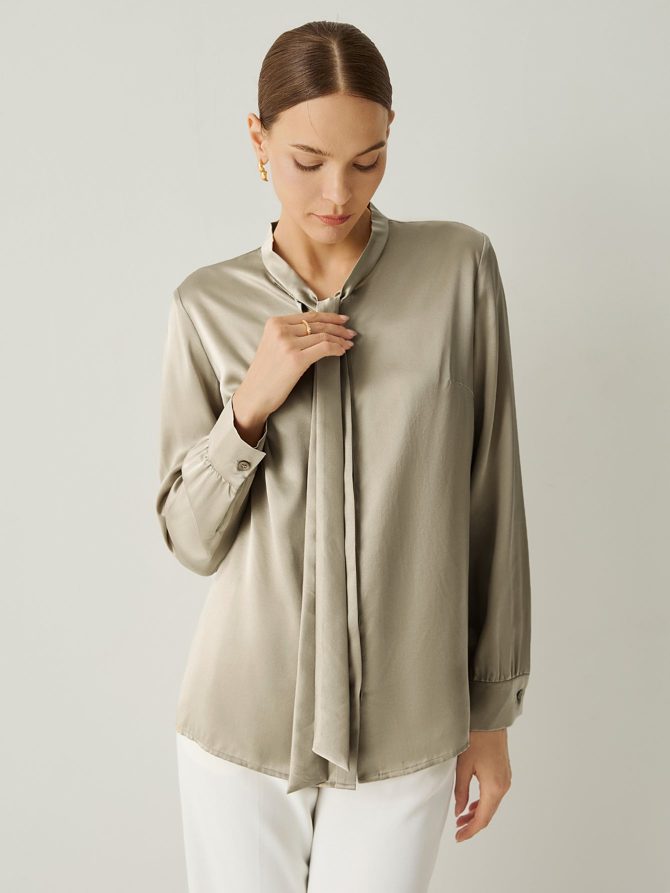 Aurise™ | 100% Silk Tie Neck Bishop Sleeves Blouse