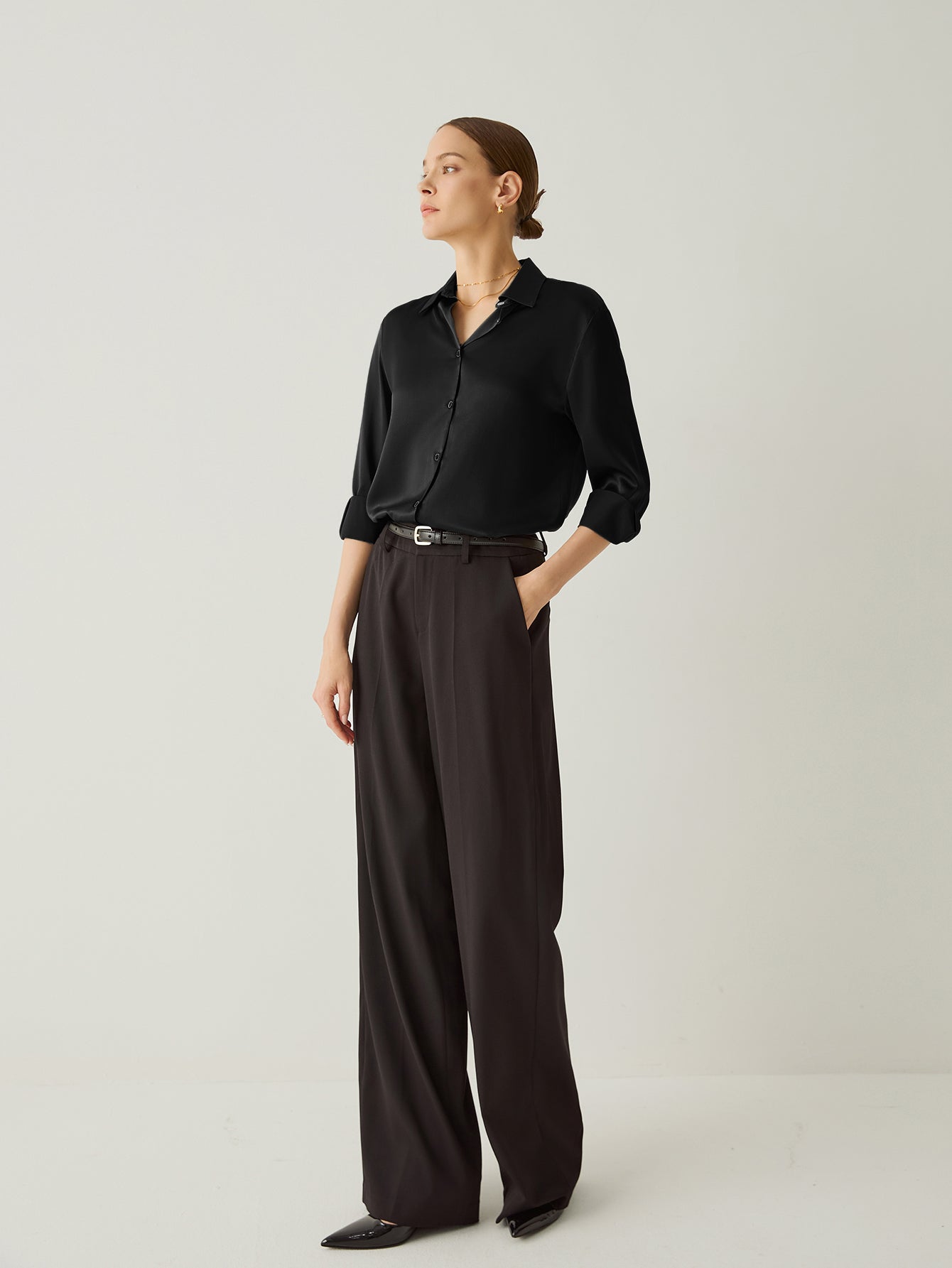 Aurise™ | 100% Silk Spread Collar Long Sleeves Blouse