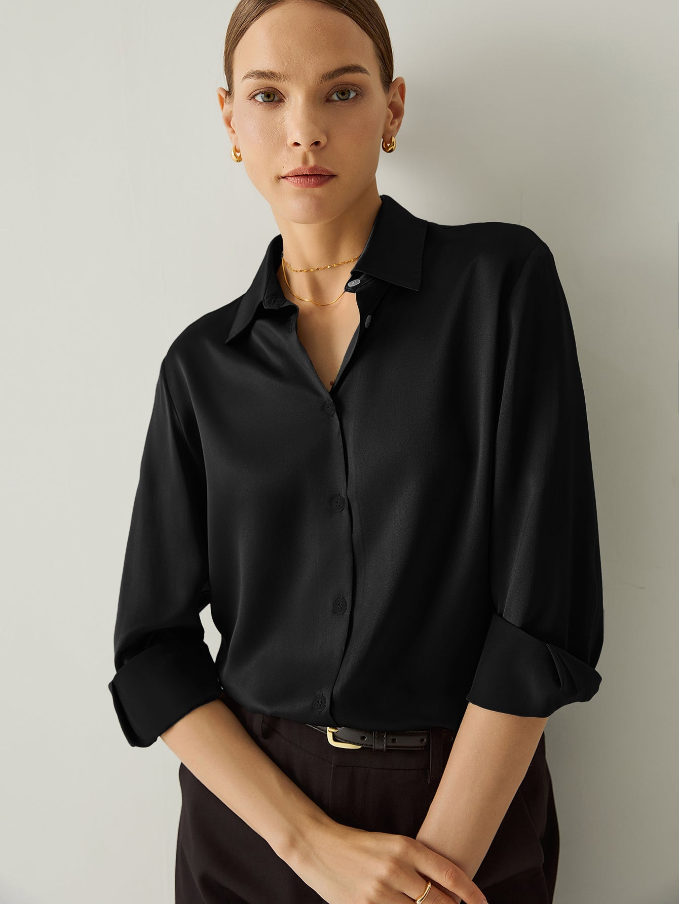 Aurise™ | 100% Silk Spread Collar Long Sleeves Blouse