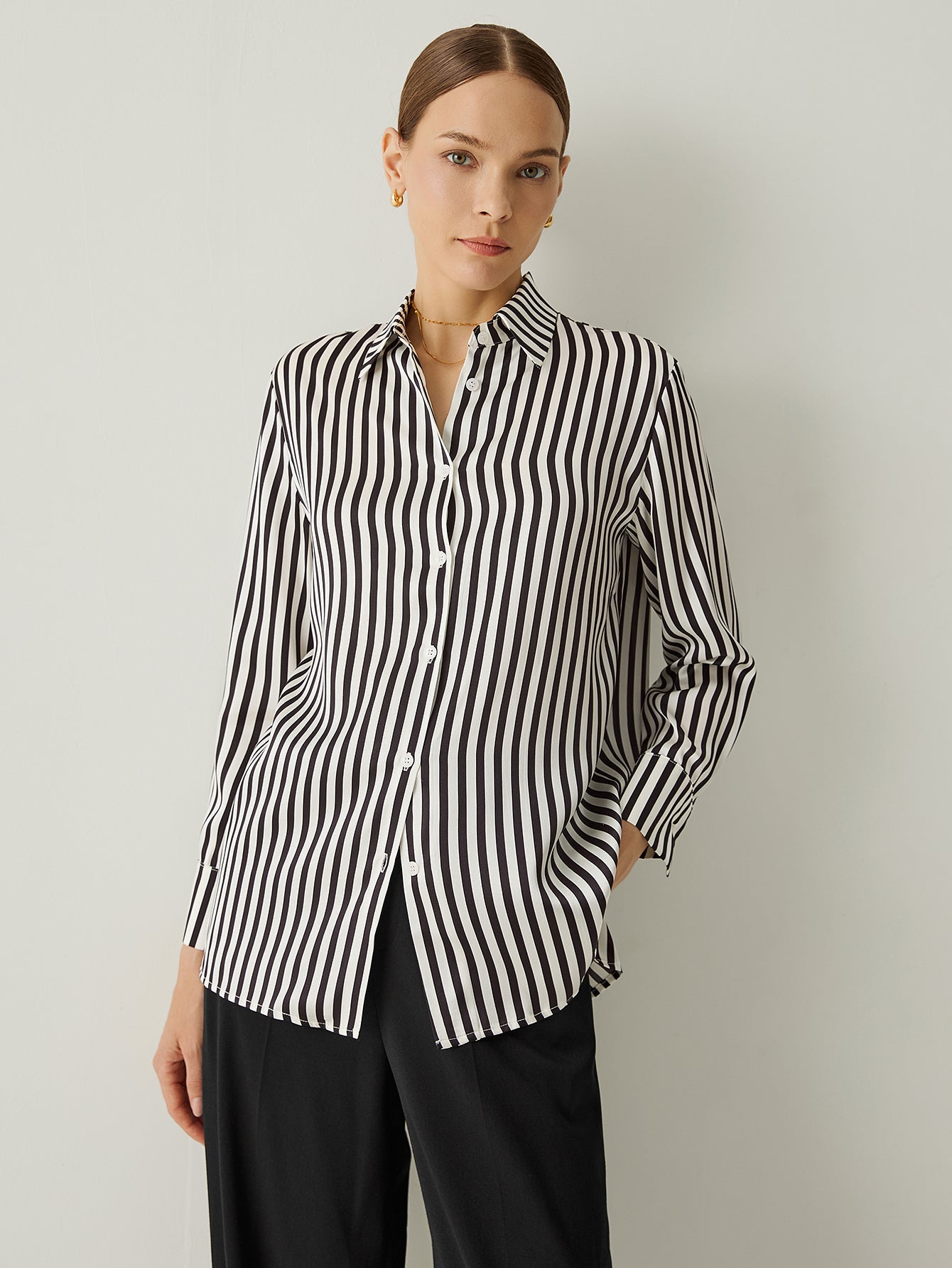 Aurise™ | 100% Silk Striped Spread Collar Long Sleeves Blouse