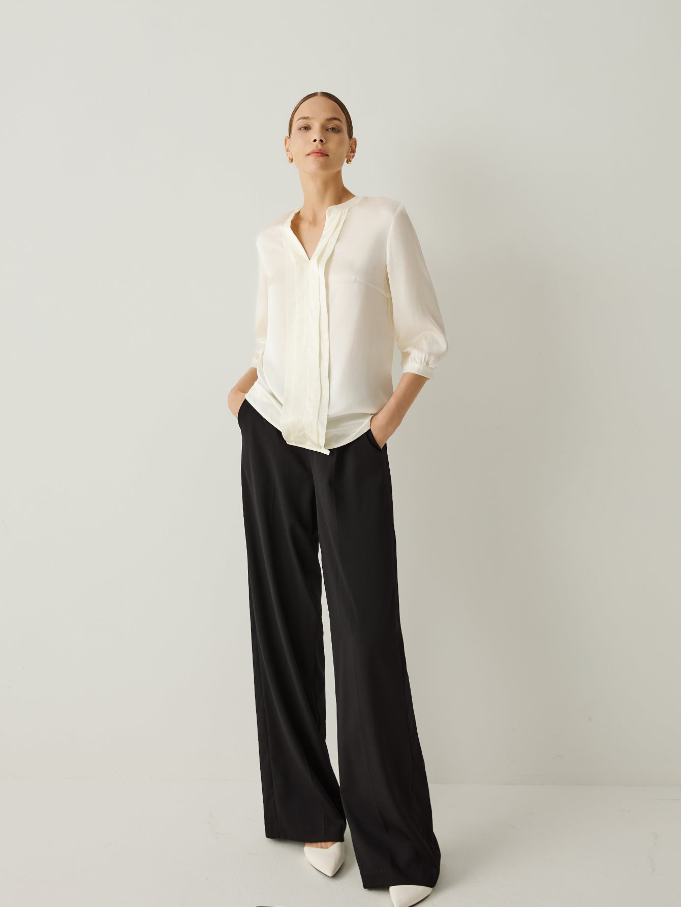 Aurise™ | 100% Silk Embellished Panel 3/4 Sleeves Blouse