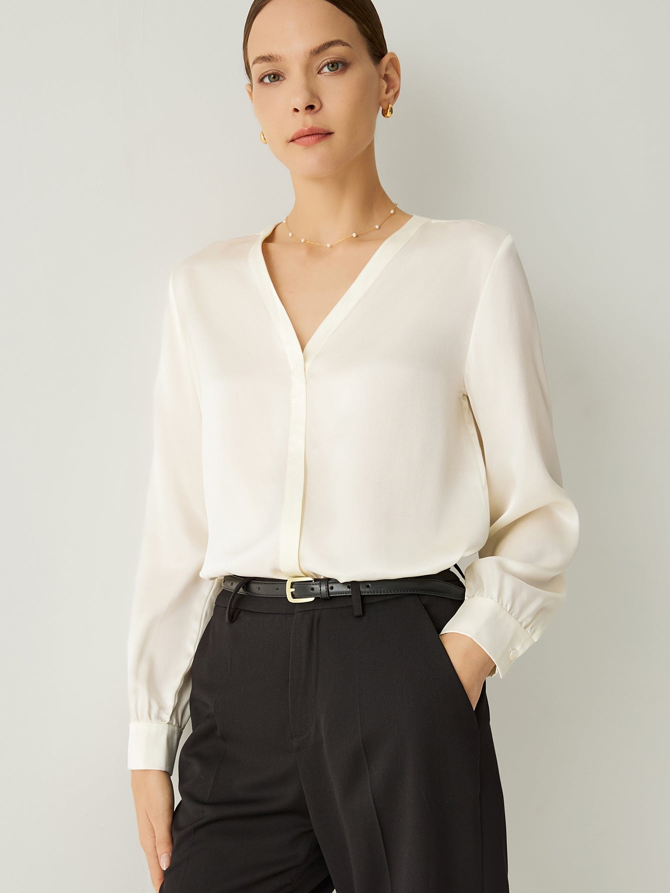 Aurise™ | 100% Silk V-Neck Bishop Sleeves Blouse