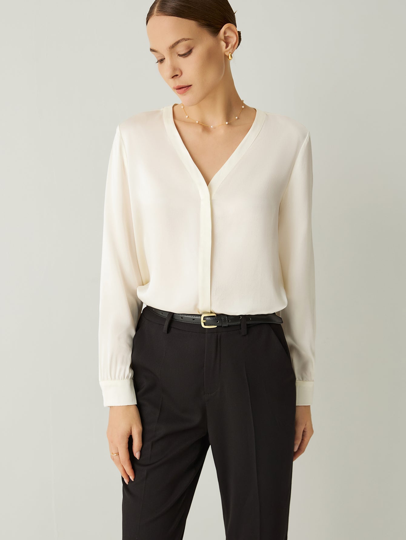 Aurise™ | 100% Silk V-Neck Bishop Sleeves Blouse