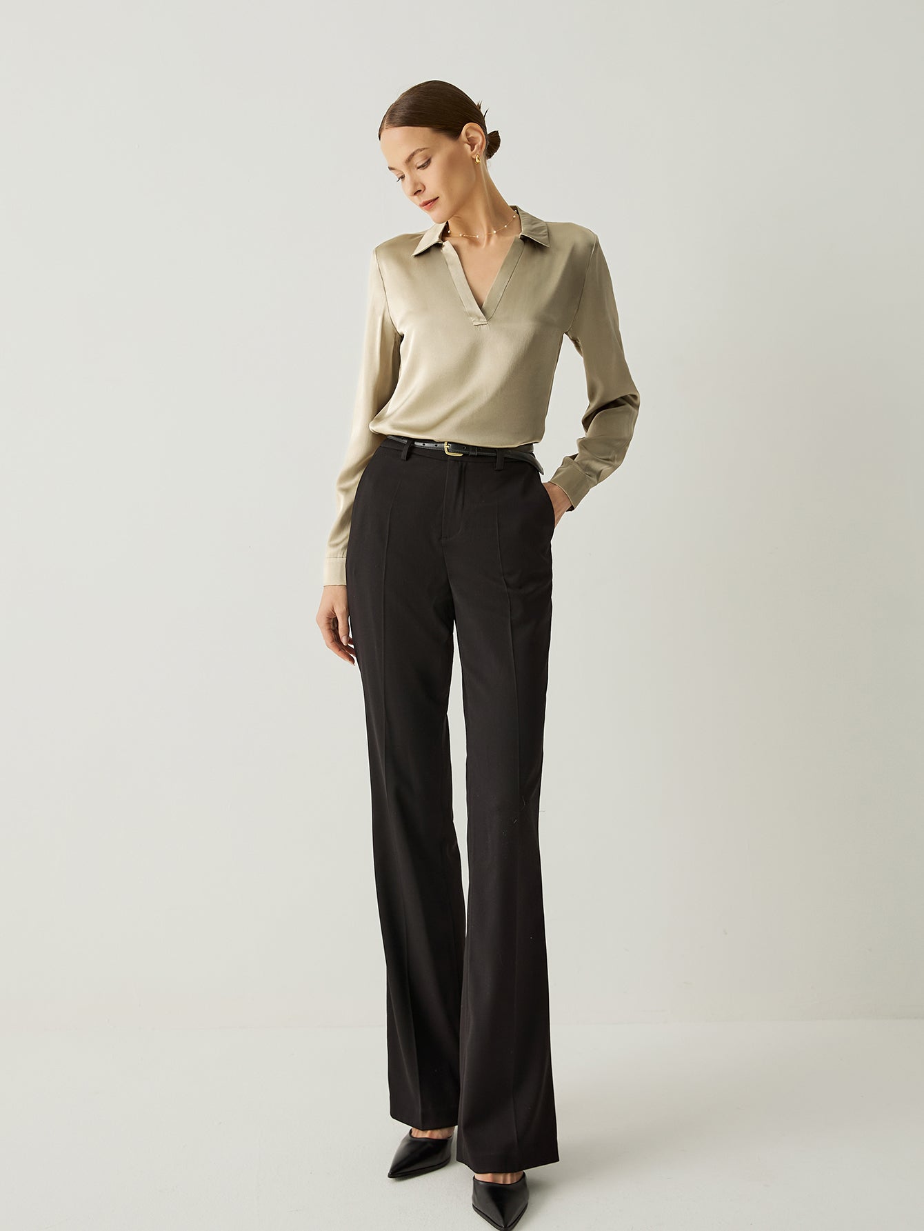 Aurise™ | 100% Silk Spread Collar V-Neck Blouse