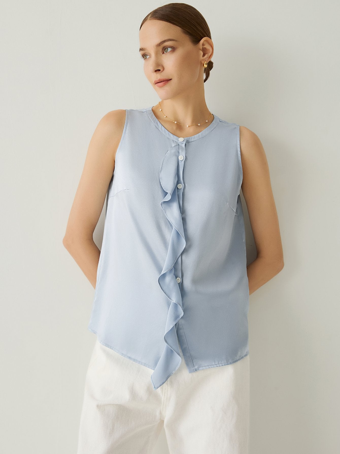Aurise™ | 100% Silk Ruffle Deco Round Neck Sleeveless Blouse