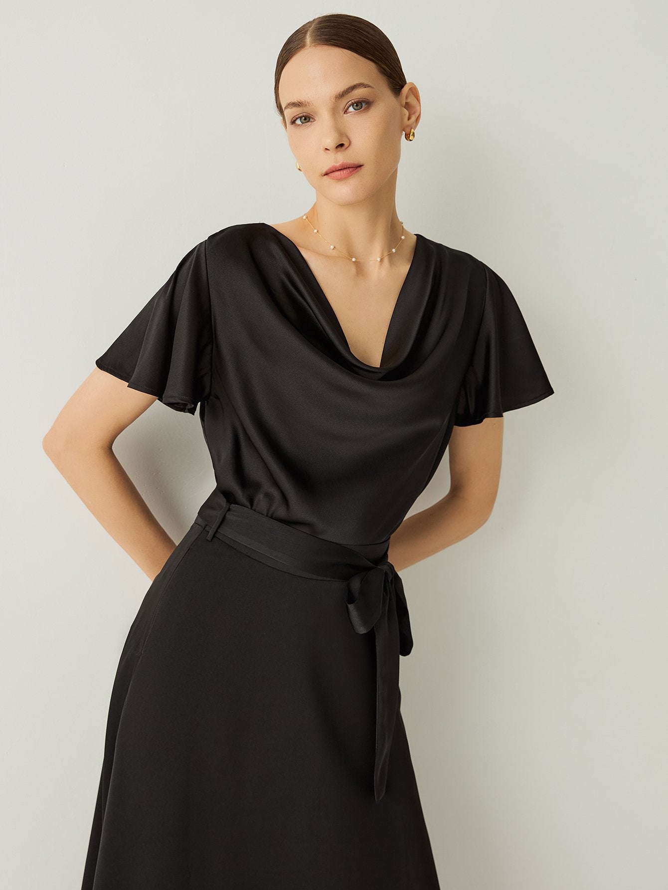 Aurise™ | 100% Silk Cowl Neck Butterfly Sleeves Blouse