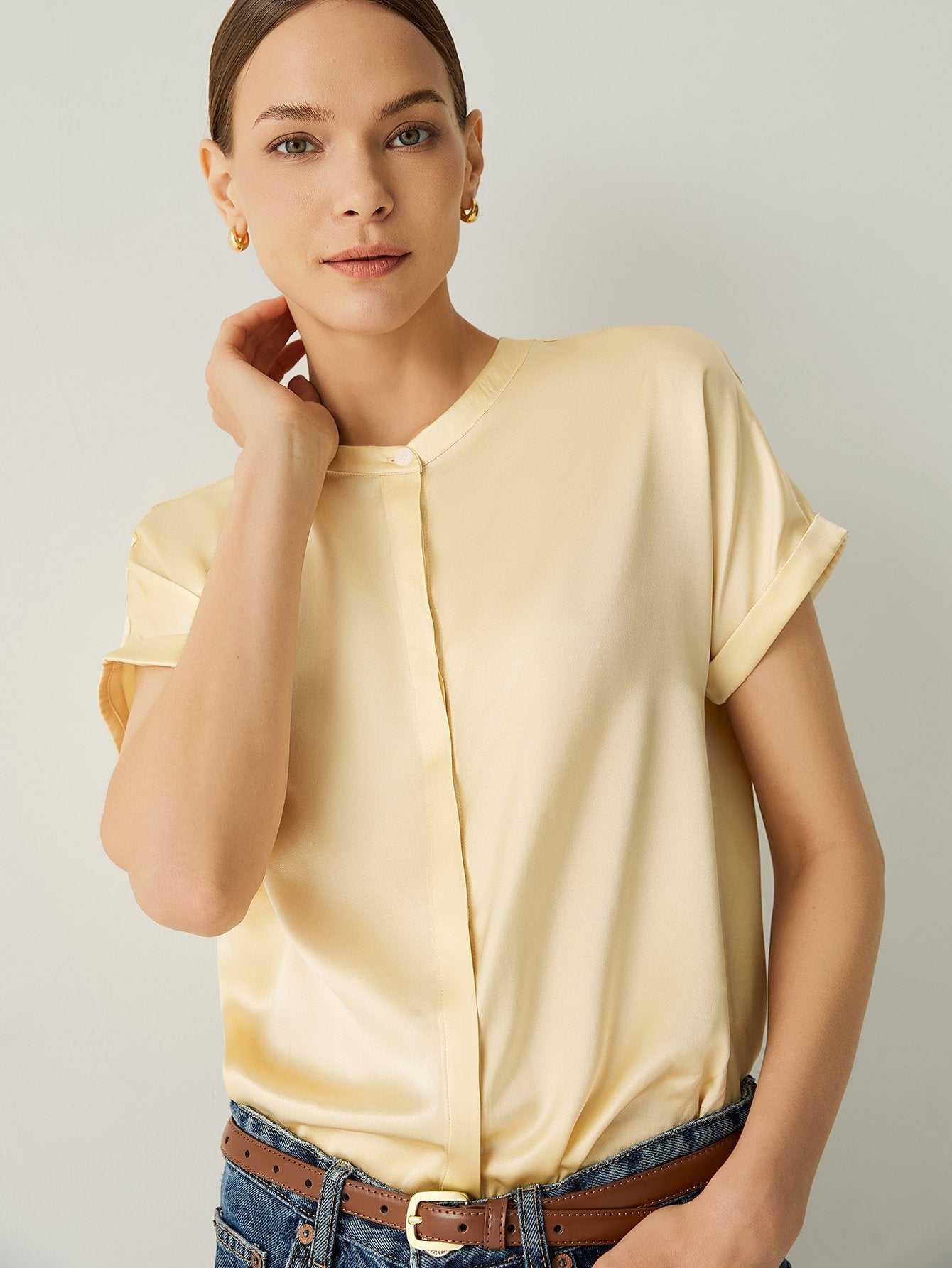 Aurise™ | 100% Silk Roll-Up Cuffs Short Sleeves Blouse